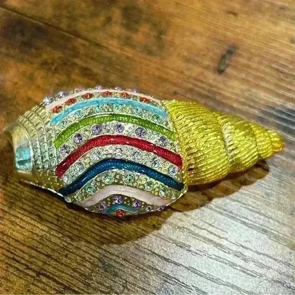 Bejeweled Gold-Tone Rainbow Rhinestone Painted Seashell Trinket Beach Ring Box - Picture 2 of 8